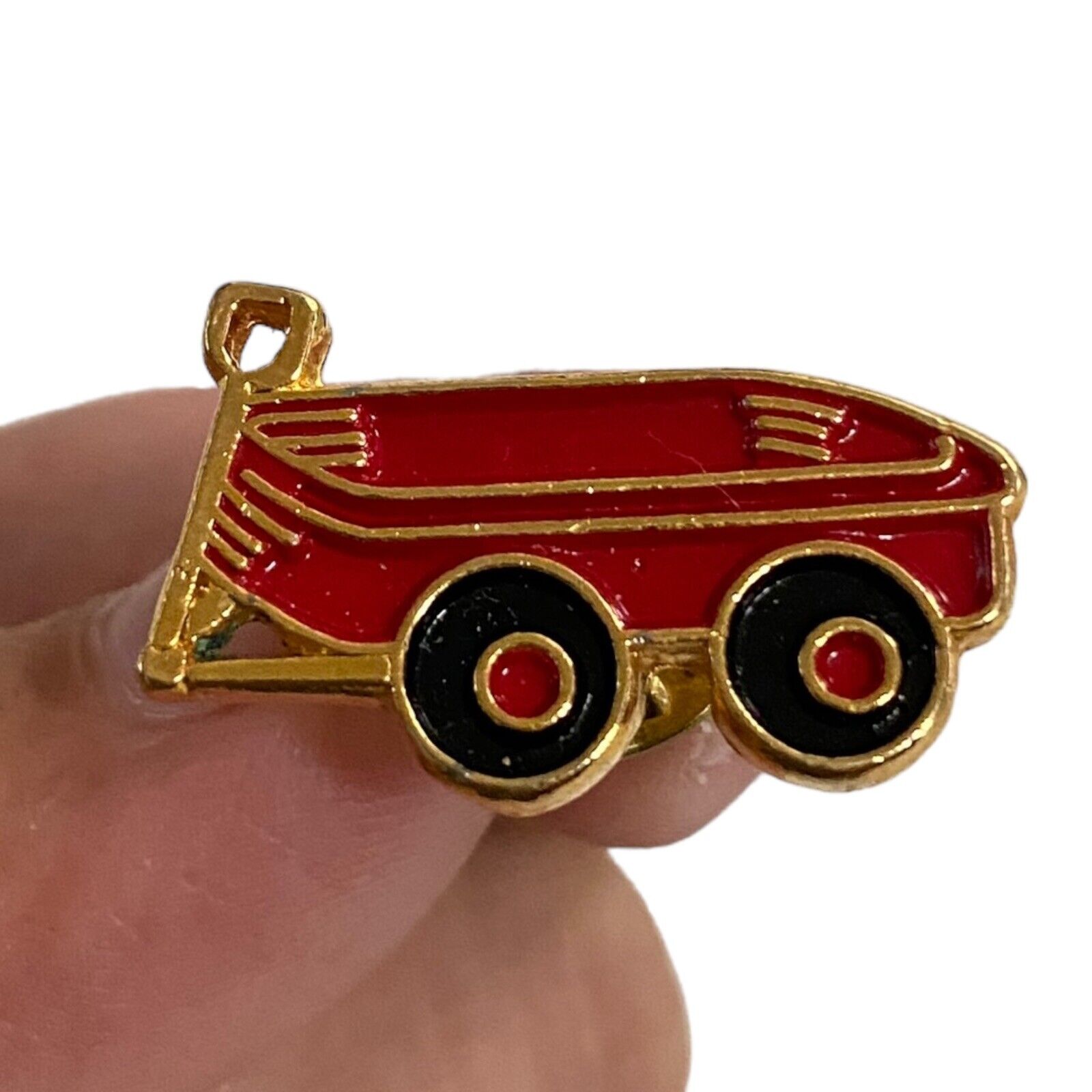 Vintage Little Red Wagon Pin Enamel Hat Lapel Gold Trim Black Wheel